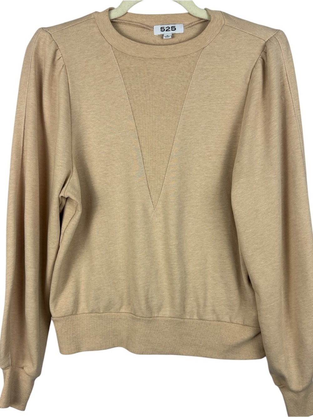 525 America Cotton Blend Beige Puff Sleeve V-Inset Crewneck Sweatshirt Size Med